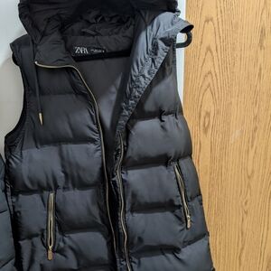 Zara Black Quilted Hooded Vest with Gold Accents